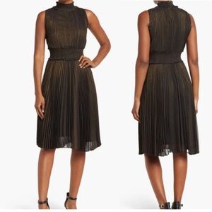 NEW Nanette Lepore Very Black/Gold Pleated High Neck Dress SZ 8 $148